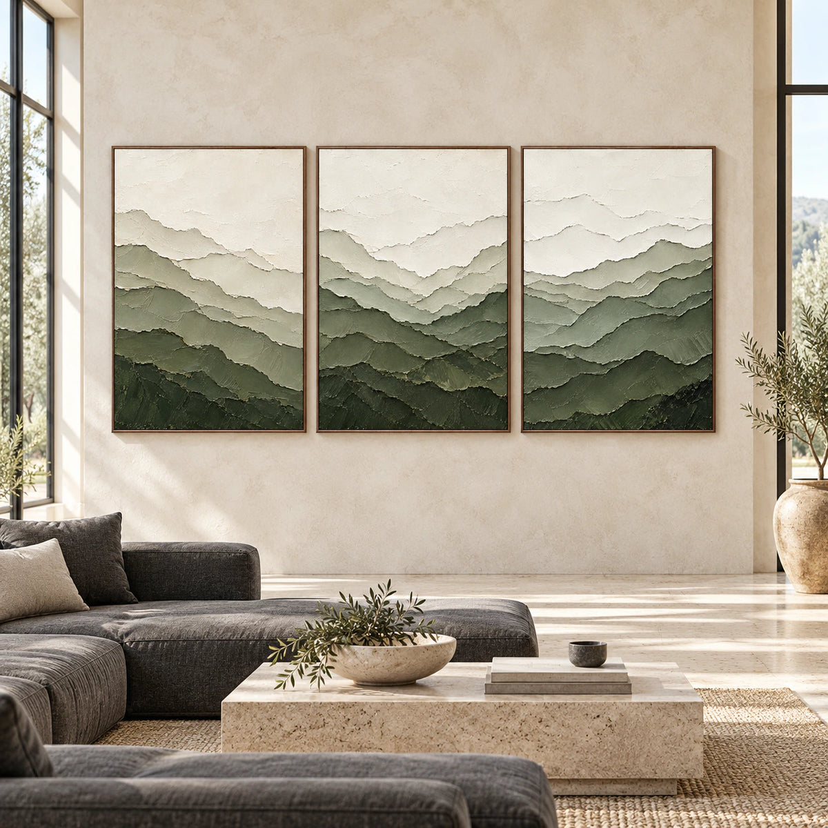 Large Lichen-Range triptych in slim walnut frames, shown straight-on in a spacious architectural interior.