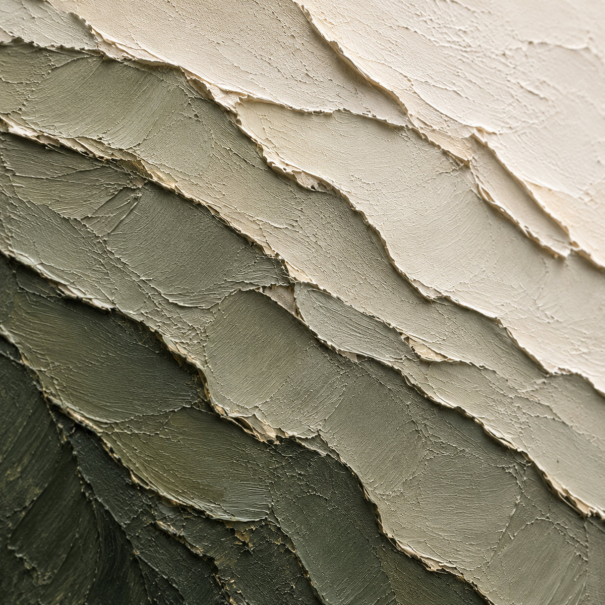 Lichen-Range oil painting brushwork and impasto detail photographed from an oblique side angle