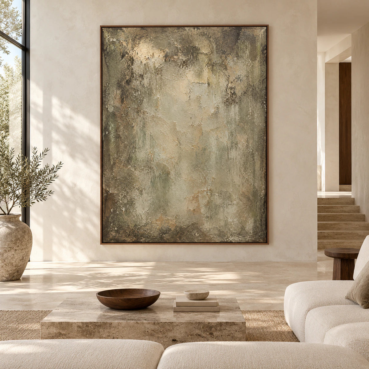 Large textured sage and parchment abstract painting shown straight-on in a spacious architectural living room.