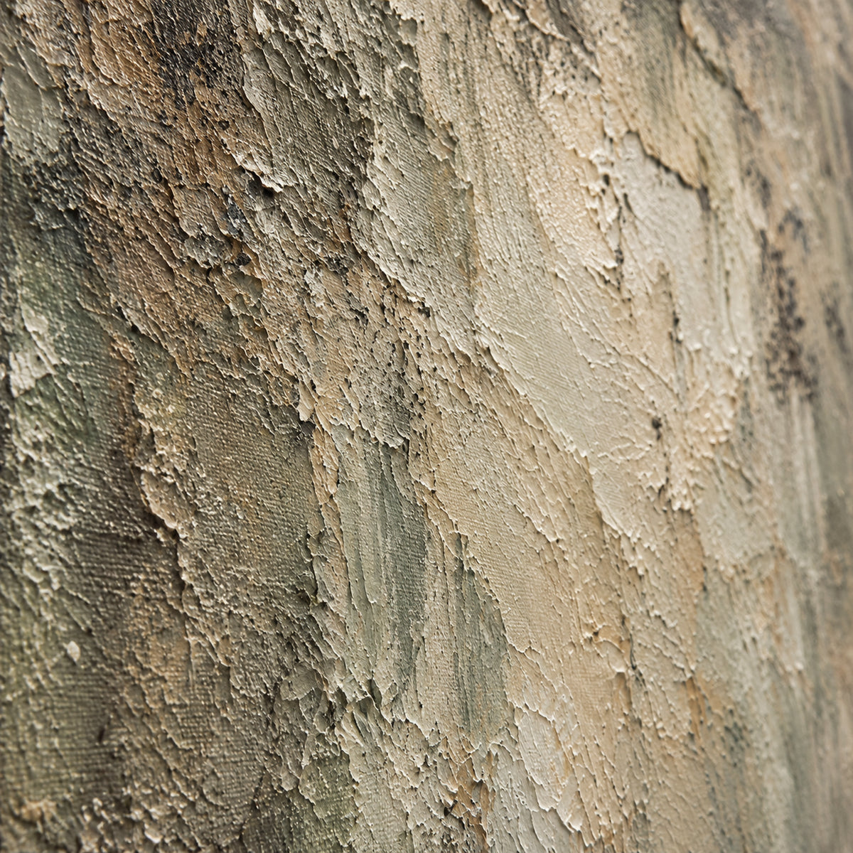 Lichen-Relic oil painting brushwork and impasto detail photographed from an oblique side angle