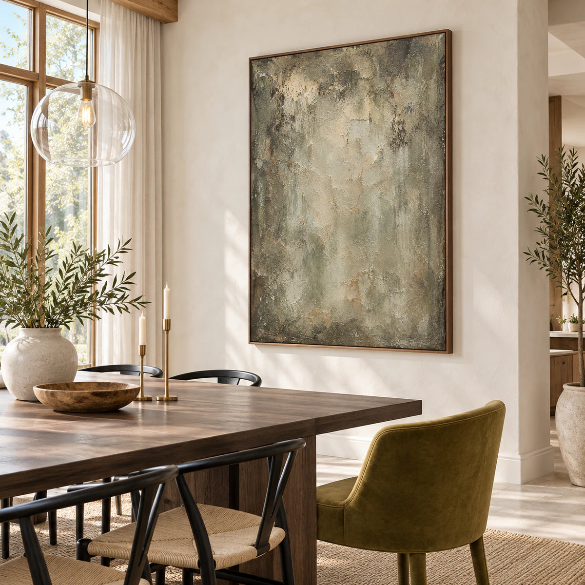 Textured sage and parchment abstract painting in a refined daylight dining room.
