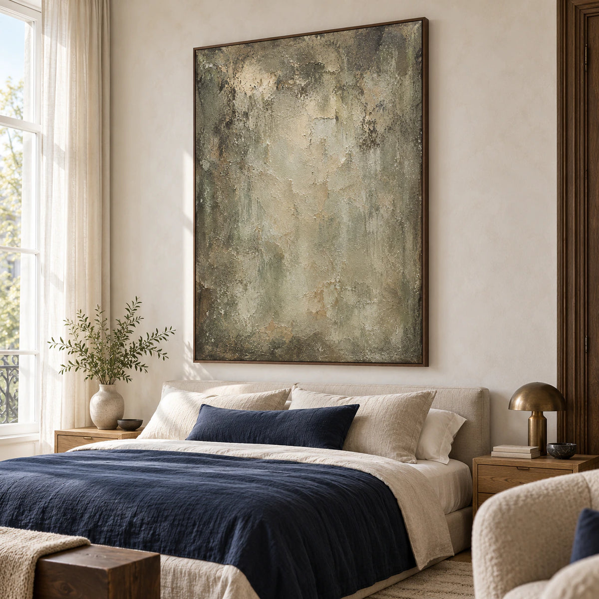 Weathered textured abstract painting above a calm, naturally lit bedroom.