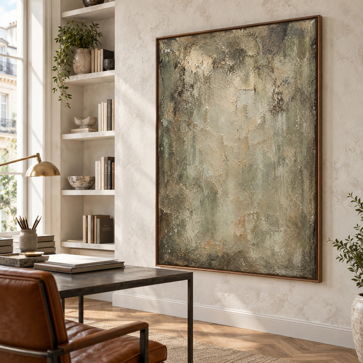 Vertical textured abstract painting in an airy home office reading space.