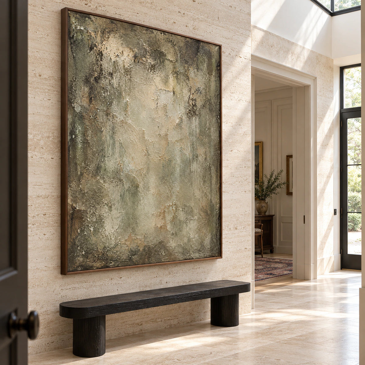 Large weathered abstract painting in a gallery-scale foyer with daylight.