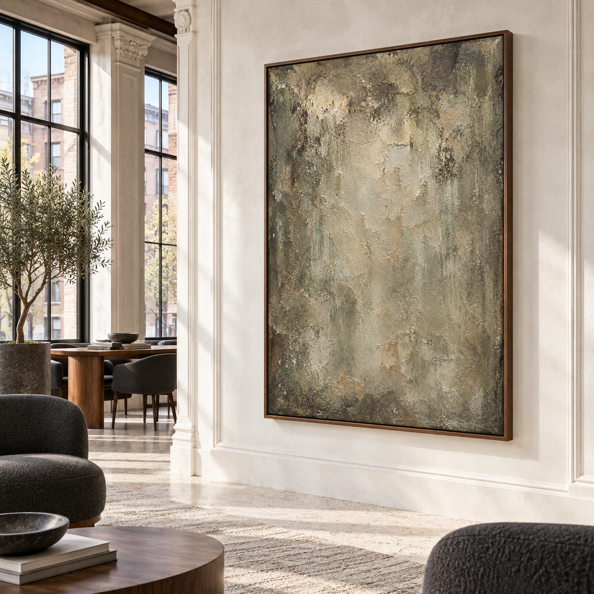 Textured sage and parchment abstract painting in an expansive hospitality loft interior.