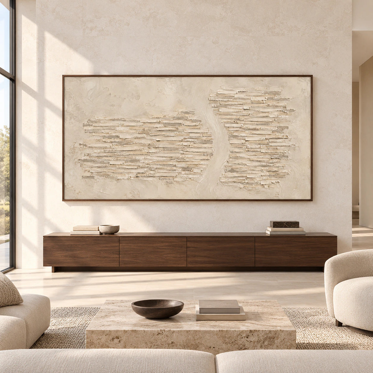 Straight-on view of Limestone-Cadence on a broad pale stone wall above a low dark walnut console in a spacious, sunlit living room.