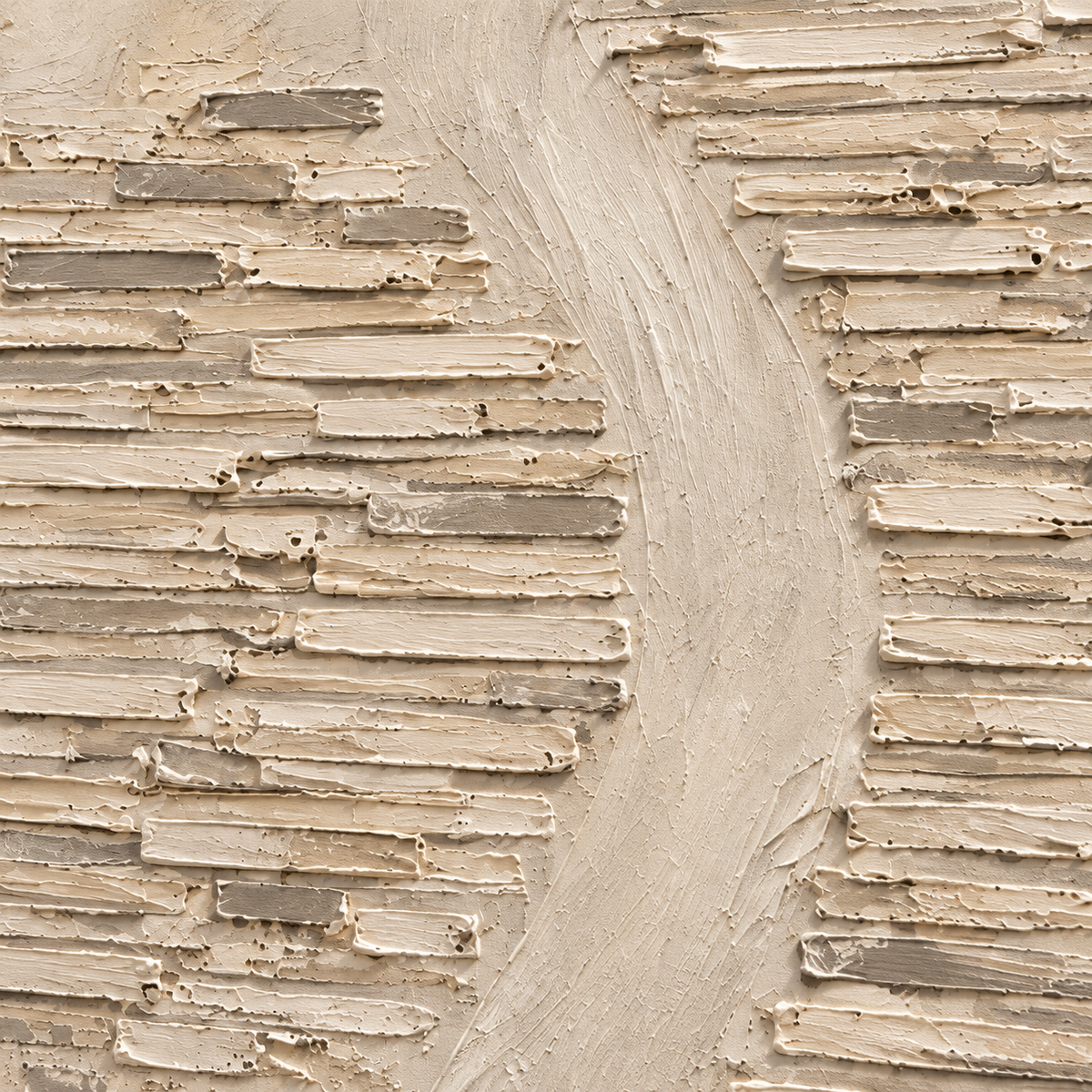 Oblique close-up of Limestone-Cadence showing raised ivory and sand-toned strokes, rough edges and shallow shadows under grazing light.