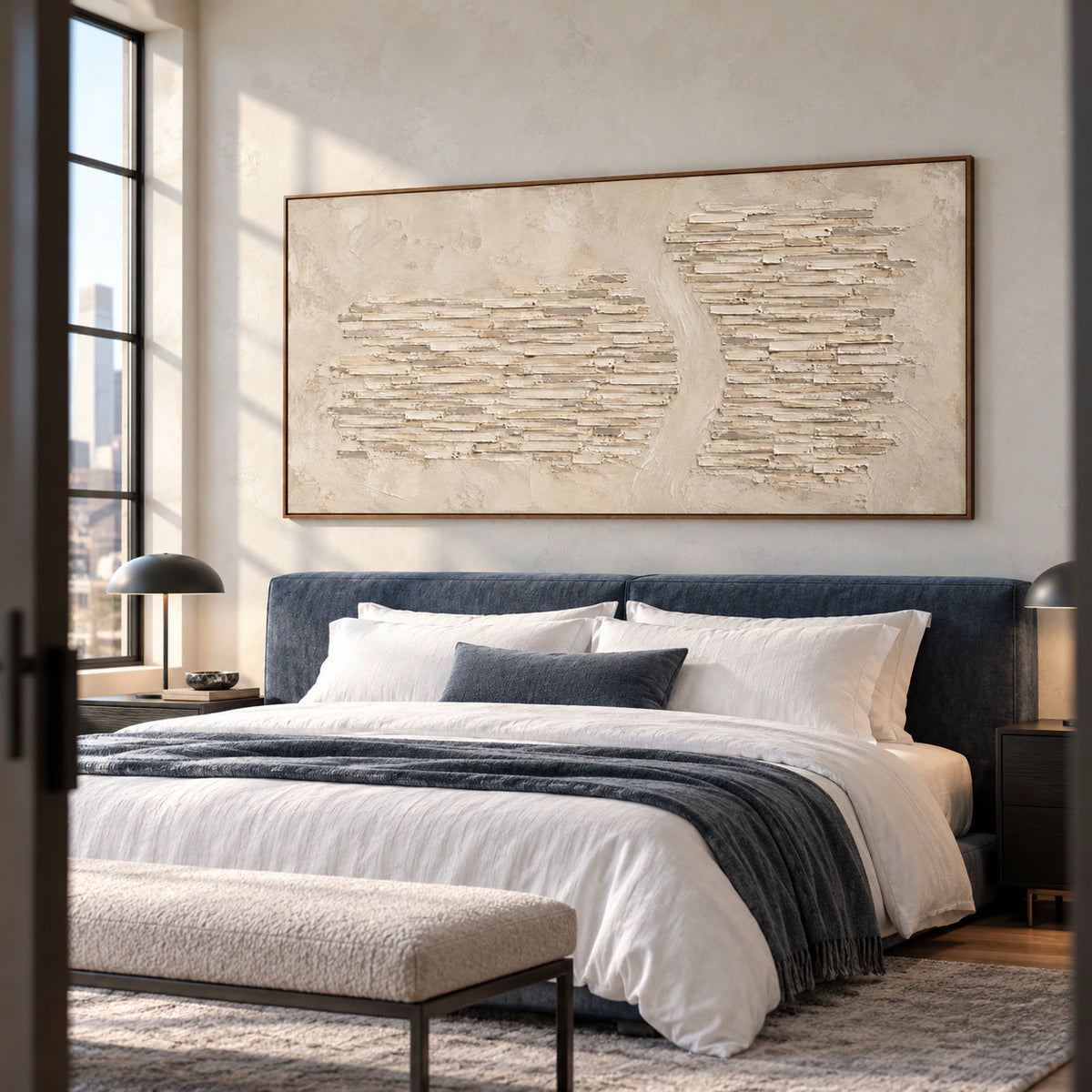 Limestone-Cadence above a low bed with white linen and a muted blue upholstered headboard, viewed from a low left angle in gentle daylight.