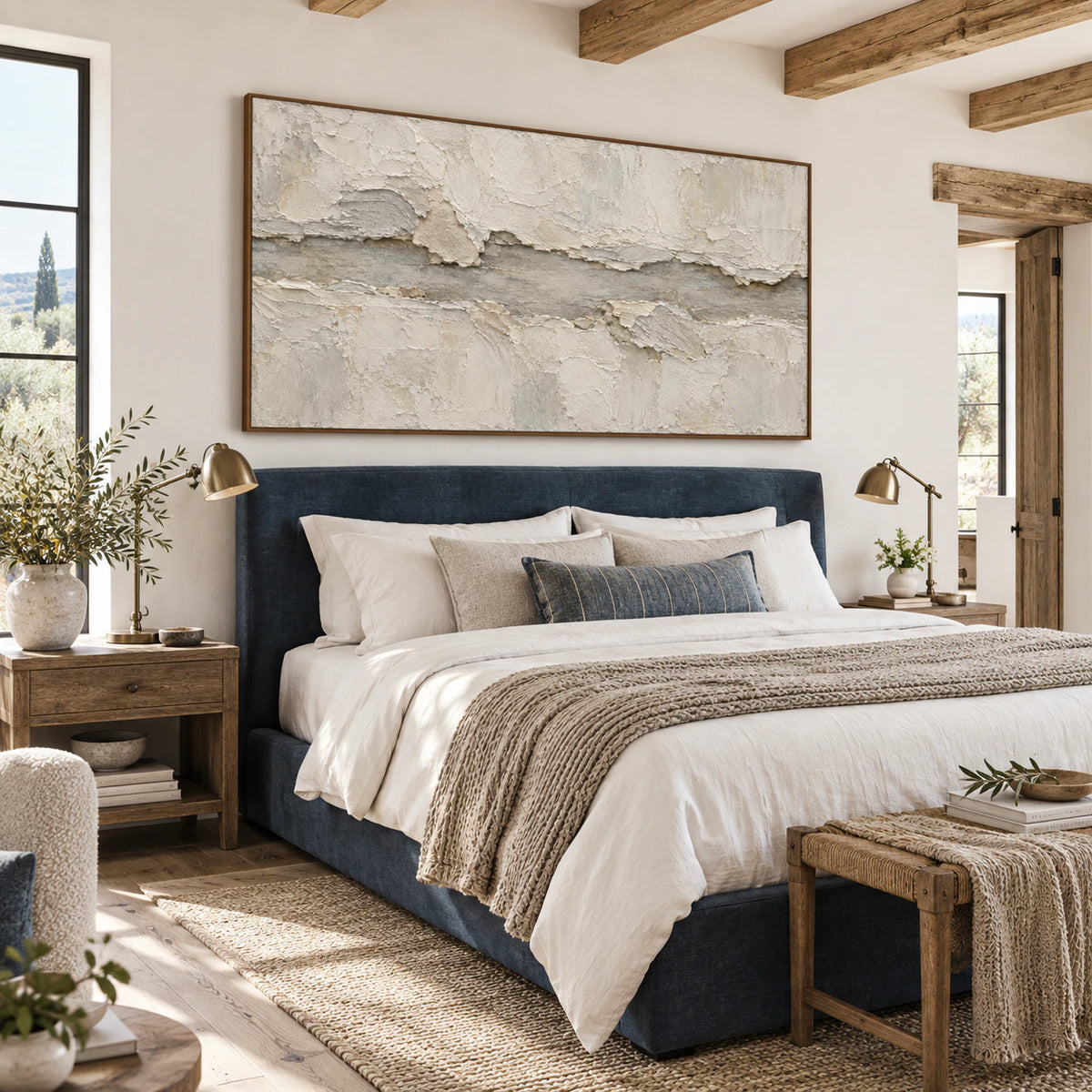 Limestone-Drift bringing quiet texture to a light-filled bedroom.
