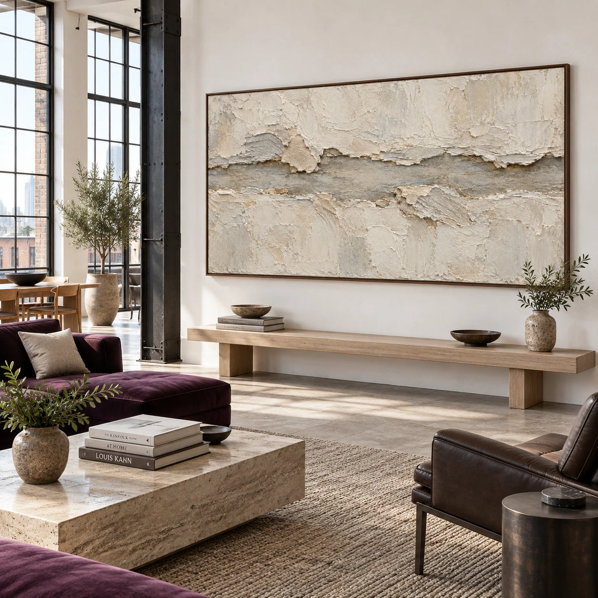 Limestone-Drift as a large focal work in a bright loft hospitality interior.