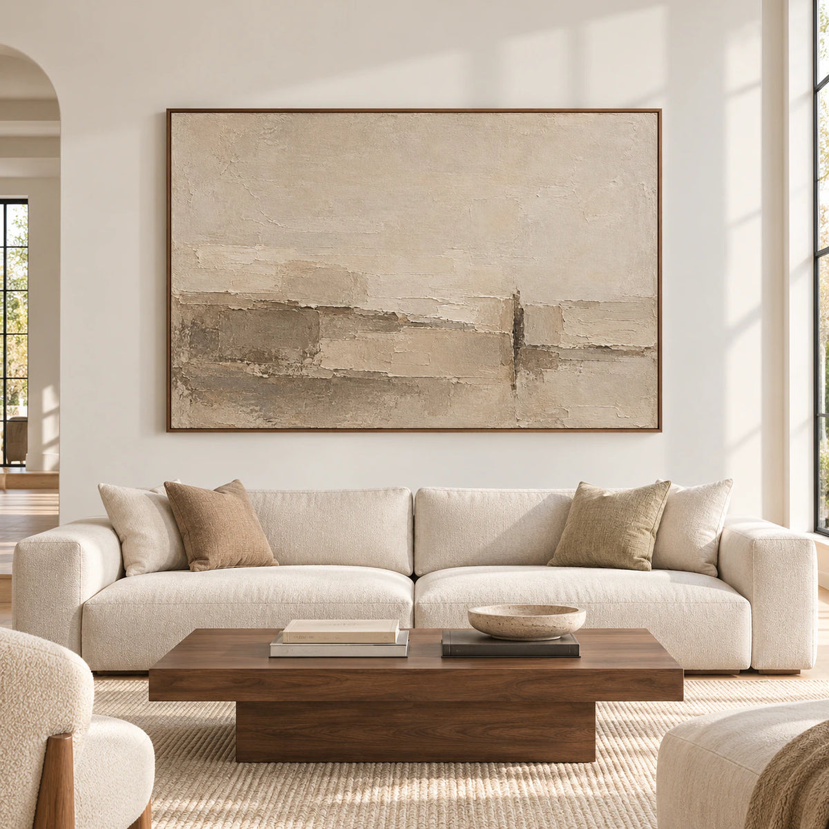Limestone-Script above a cream sofa in a spacious neutral room with bright natural daylight, viewed straight on.