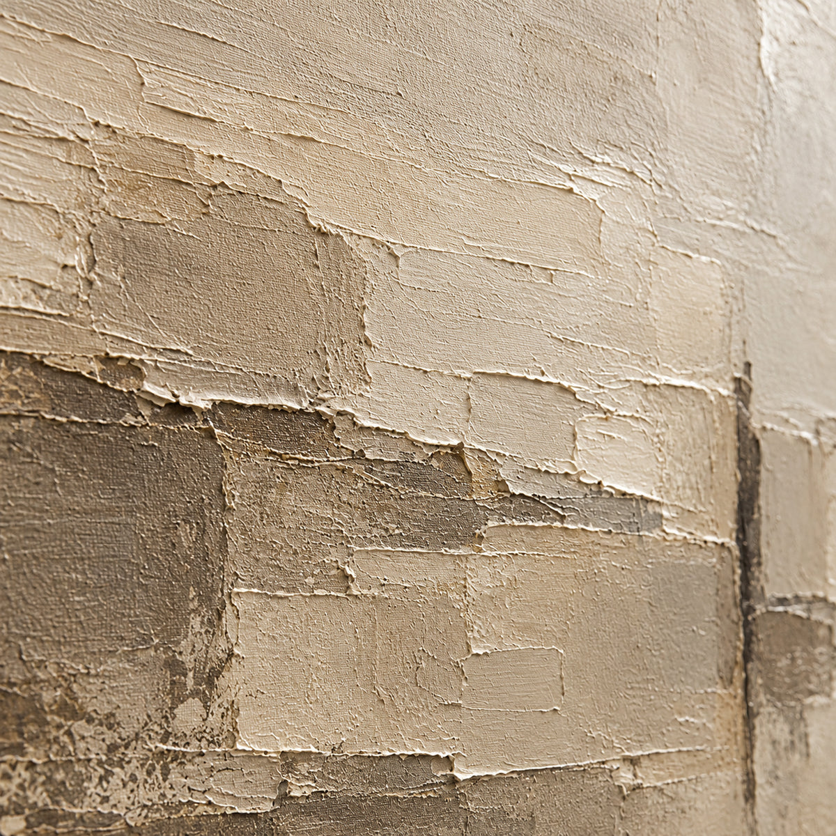 Close detail of Limestone-Script from an oblique side angle, with grazing light revealing raised paint, broken edges and subtle tonal transitions.