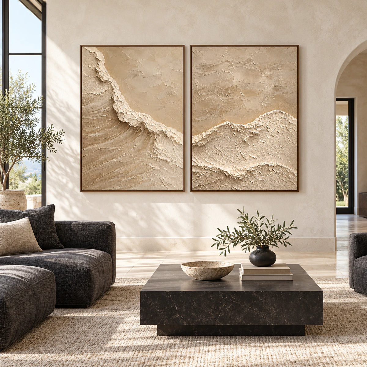 Limestone-Spindrift diptych displayed straight-on at large scale in an open architectural interior.