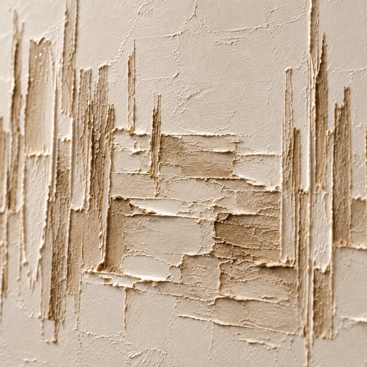 Oblique close-up of the oil painting’s ivory and sand ridges, with grazing light revealing raised paint, fine cracks and shallow shadows.
