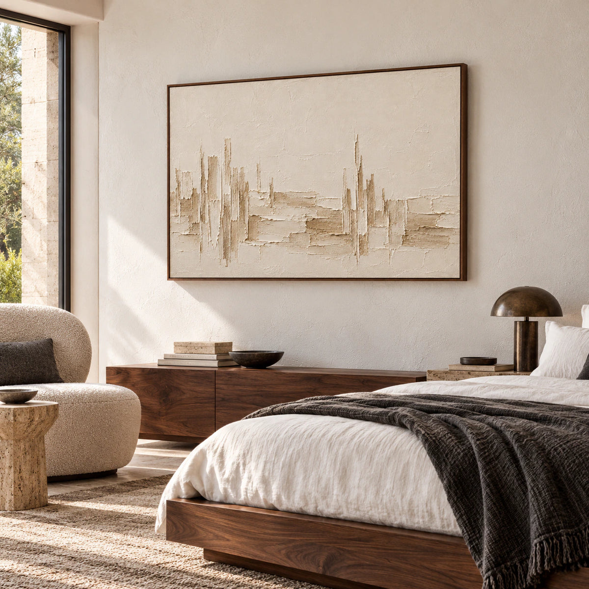 Ivory textured painting above a walnut cabinet beside the bed in a bright bedroom with white bedding and muted charcoal accents.