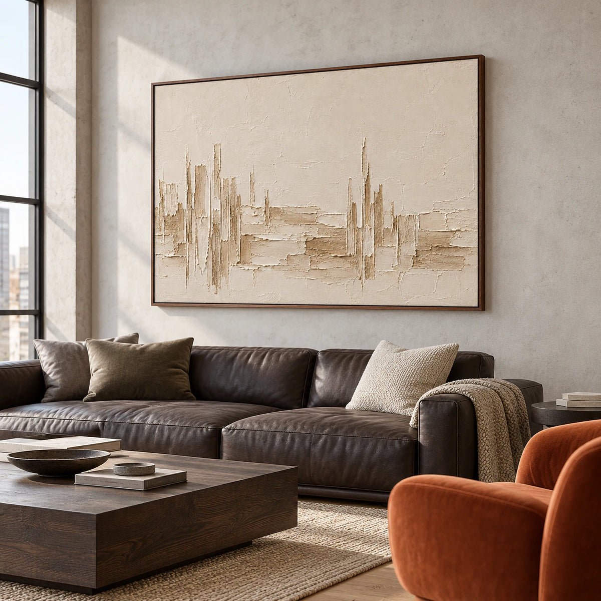 Large ivory textured painting on a pale concrete wall in an expansive loft interior with dark leather seating and smoked-oak furnishings, viewed from the right.