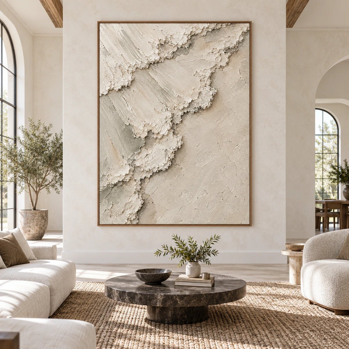 Limestone-Trace displayed at large scale in a bright architectural living space.