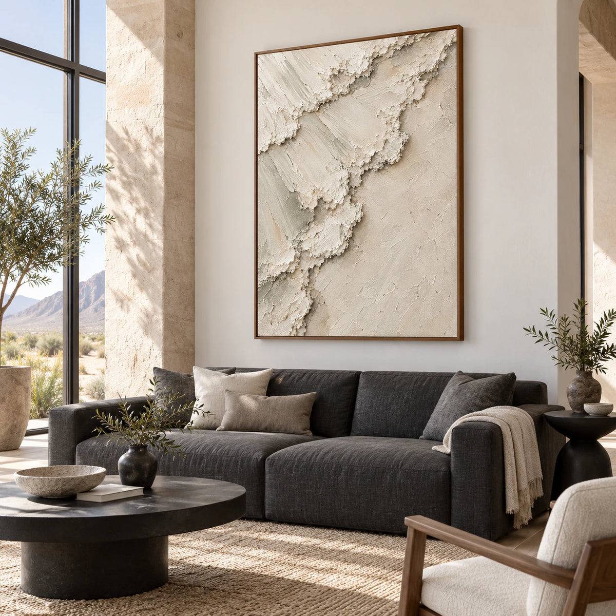 Limestone-Trace above a restrained seating arrangement in a bright living room.