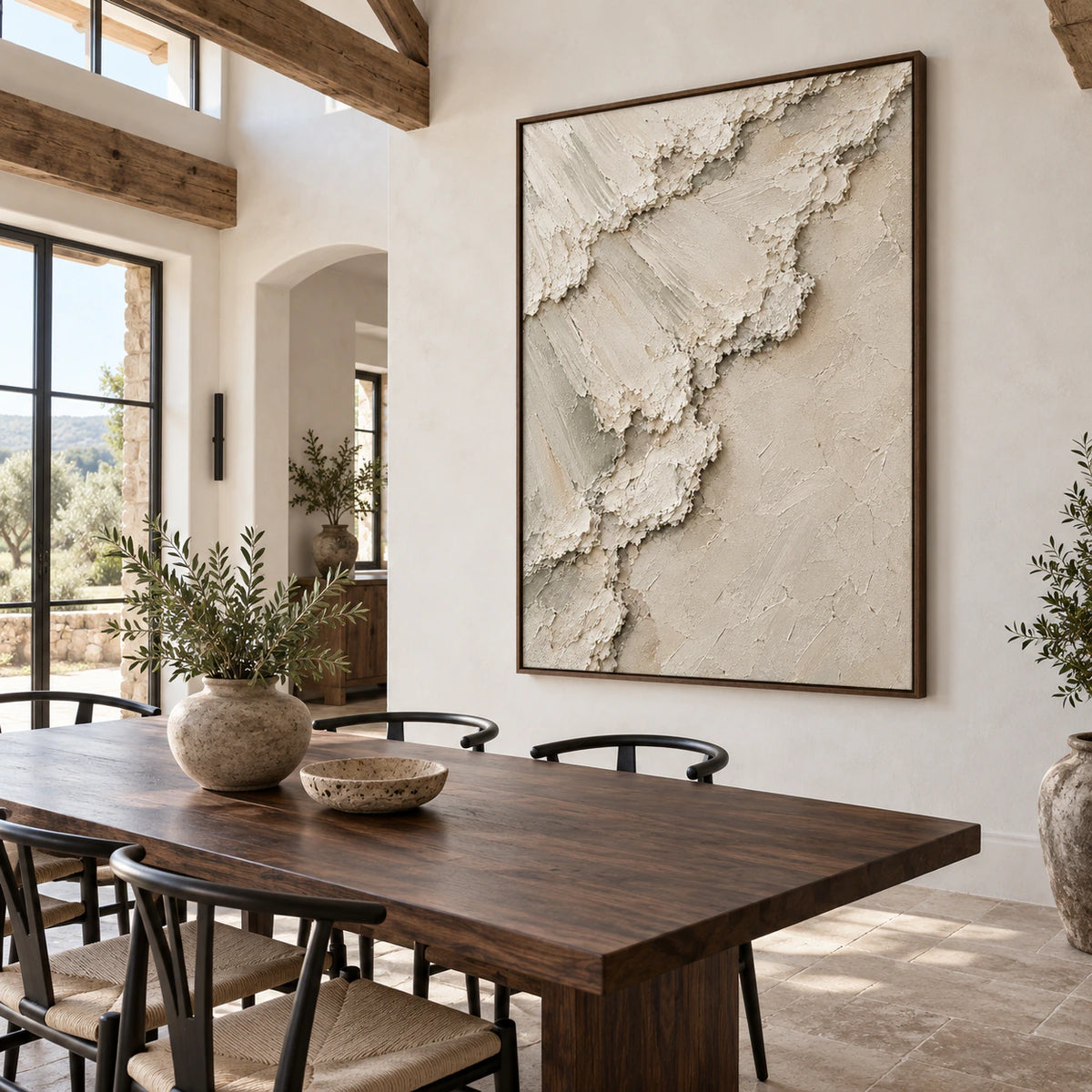 Limestone-Trace as the focal artwork in a refined daylight dining room.