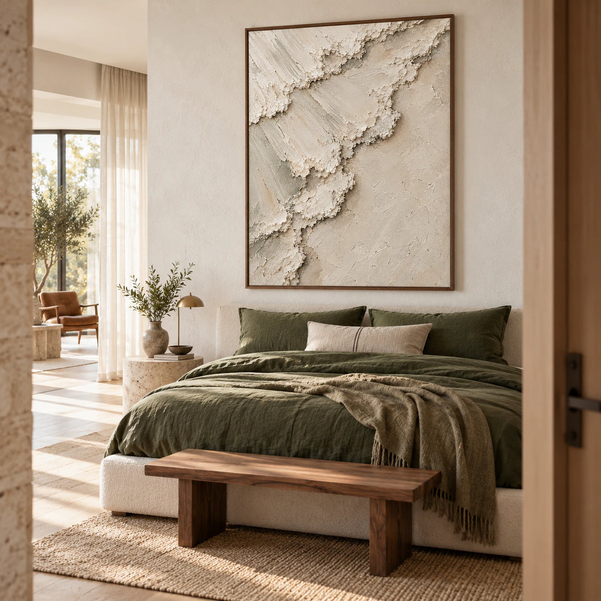 Limestone-Trace bringing quiet texture to an airy neutral bedroom.