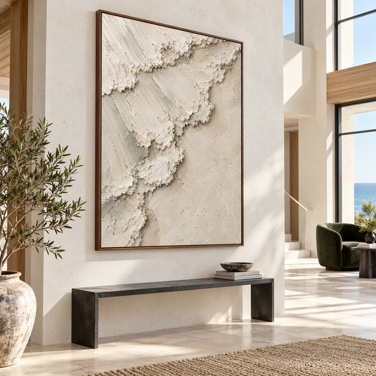 Limestone-Trace presented at gallery scale in a spacious foyer.