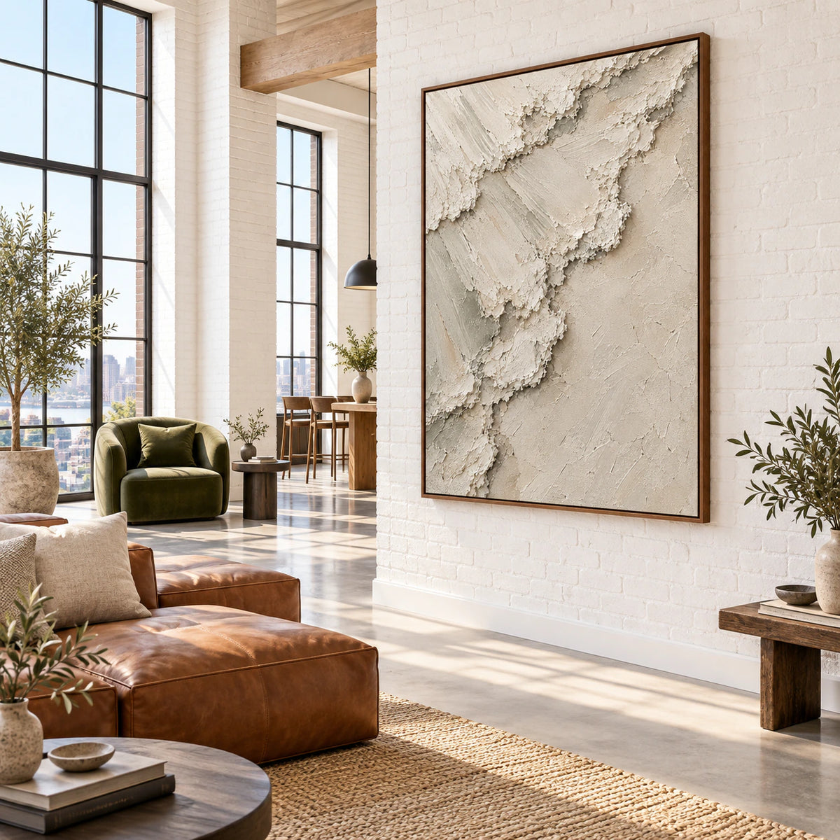 Limestone-Trace anchoring an open, daylight-filled hospitality loft interior.