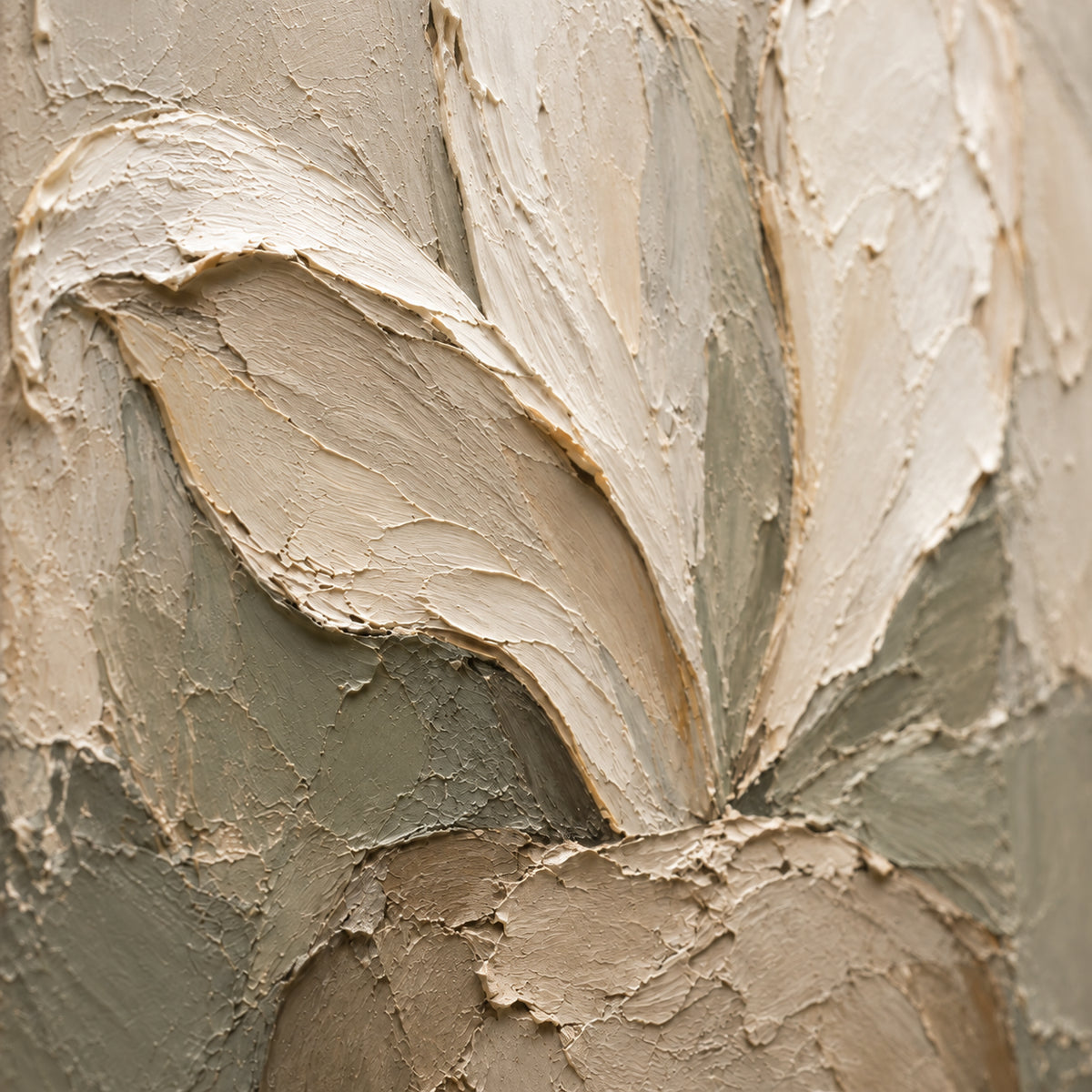 Linen-Anther oil painting brushwork and impasto detail photographed from an oblique side angle