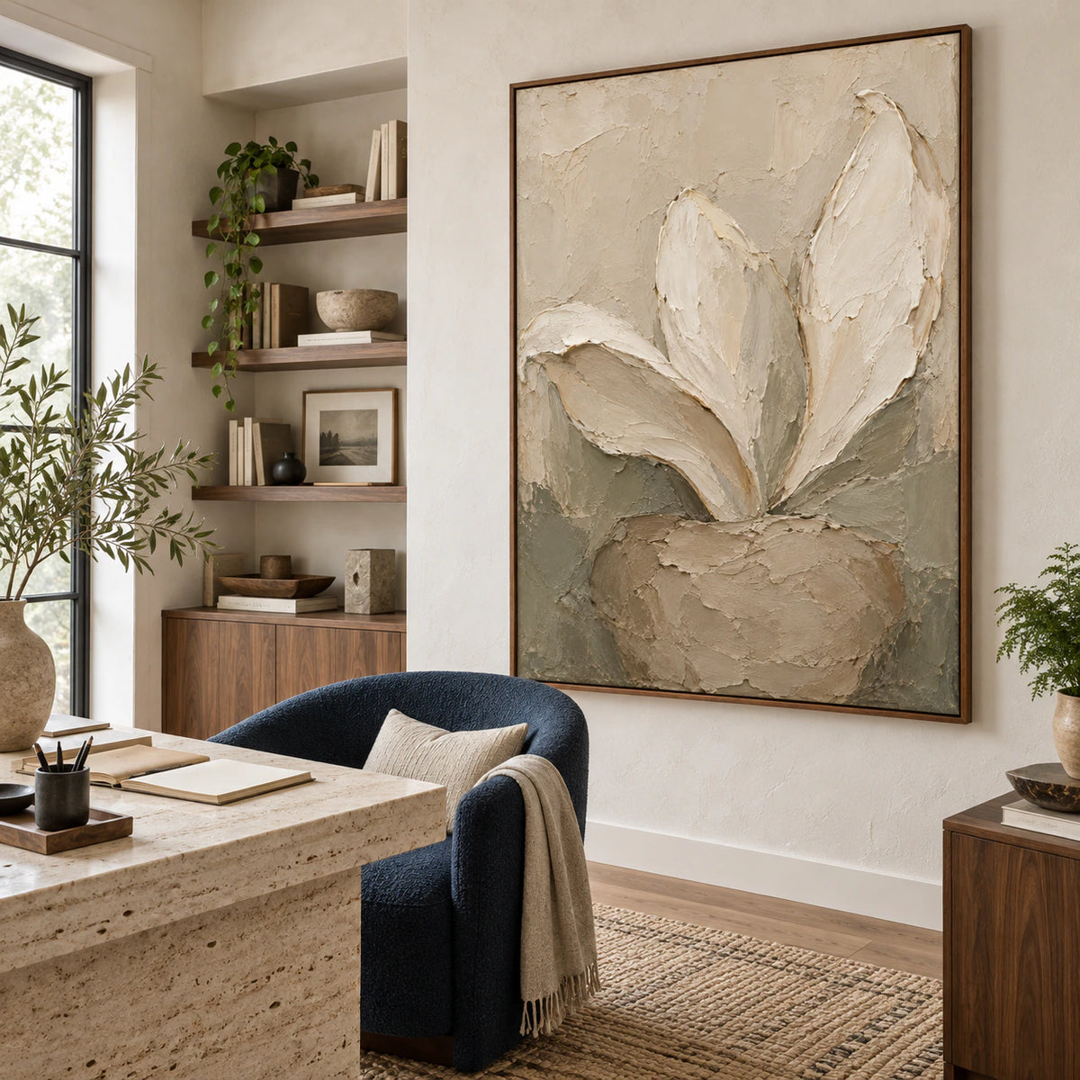 Linen-Anther in an airy reading and home-office space.