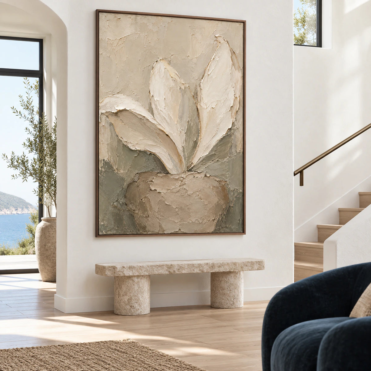 Linen-Anther at gallery scale in a light-filled foyer.