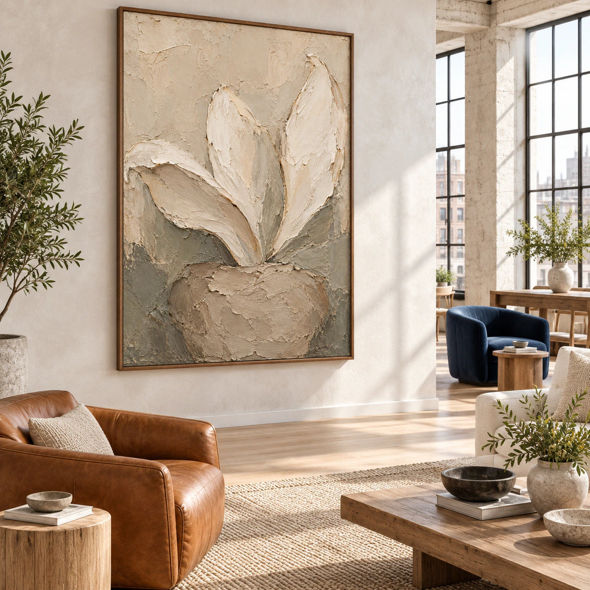 Linen-Anther featured prominently in an expansive loft hospitality interior.