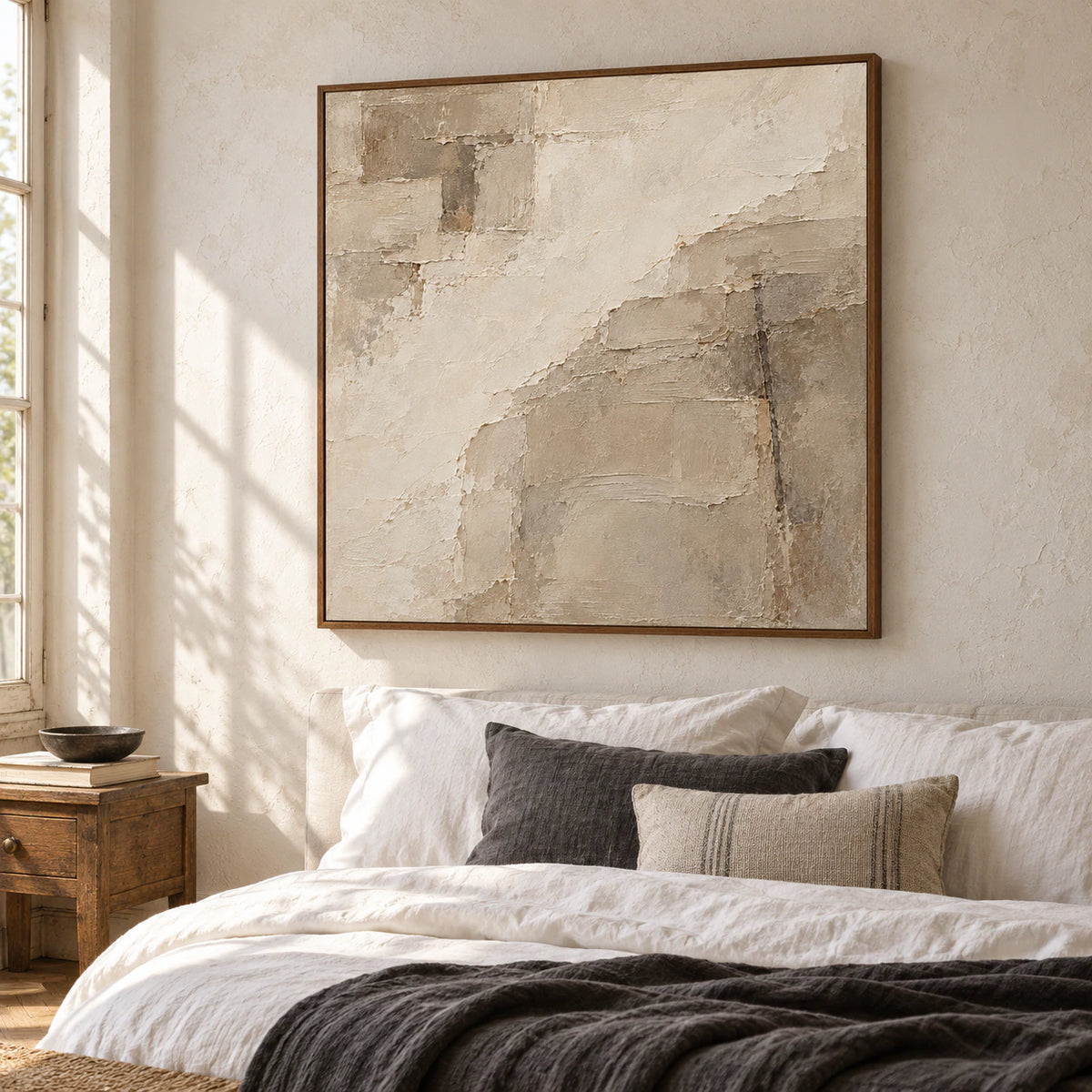 Large square ivory and taupe artwork above a low bed in a quiet bedroom with crisp white linens and gentle daylight.