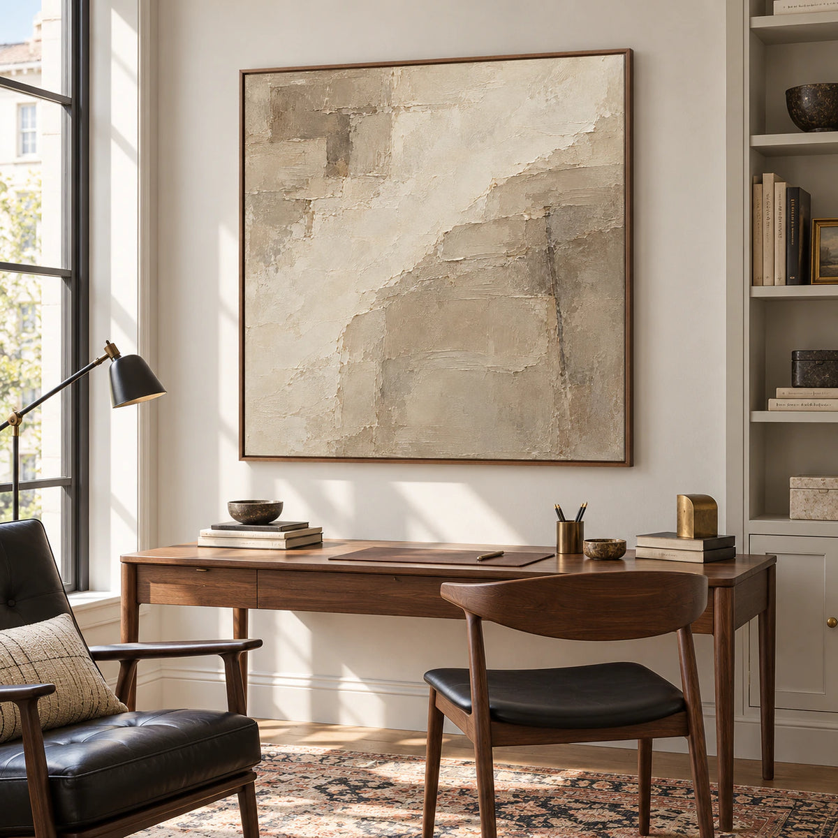 Large square textured abstract painting in an airy home office with a walnut desk, restrained furnishings and clear daylight.
