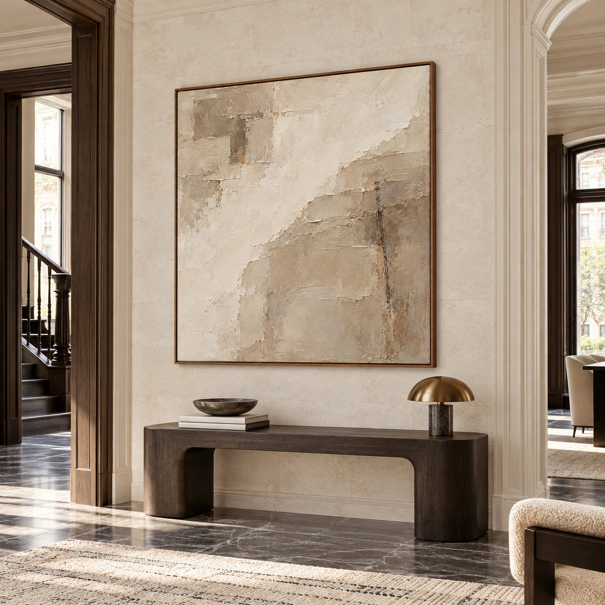 Large square abstract artwork displayed at gallery scale in a bright foyer with stone flooring and clean architectural lines.