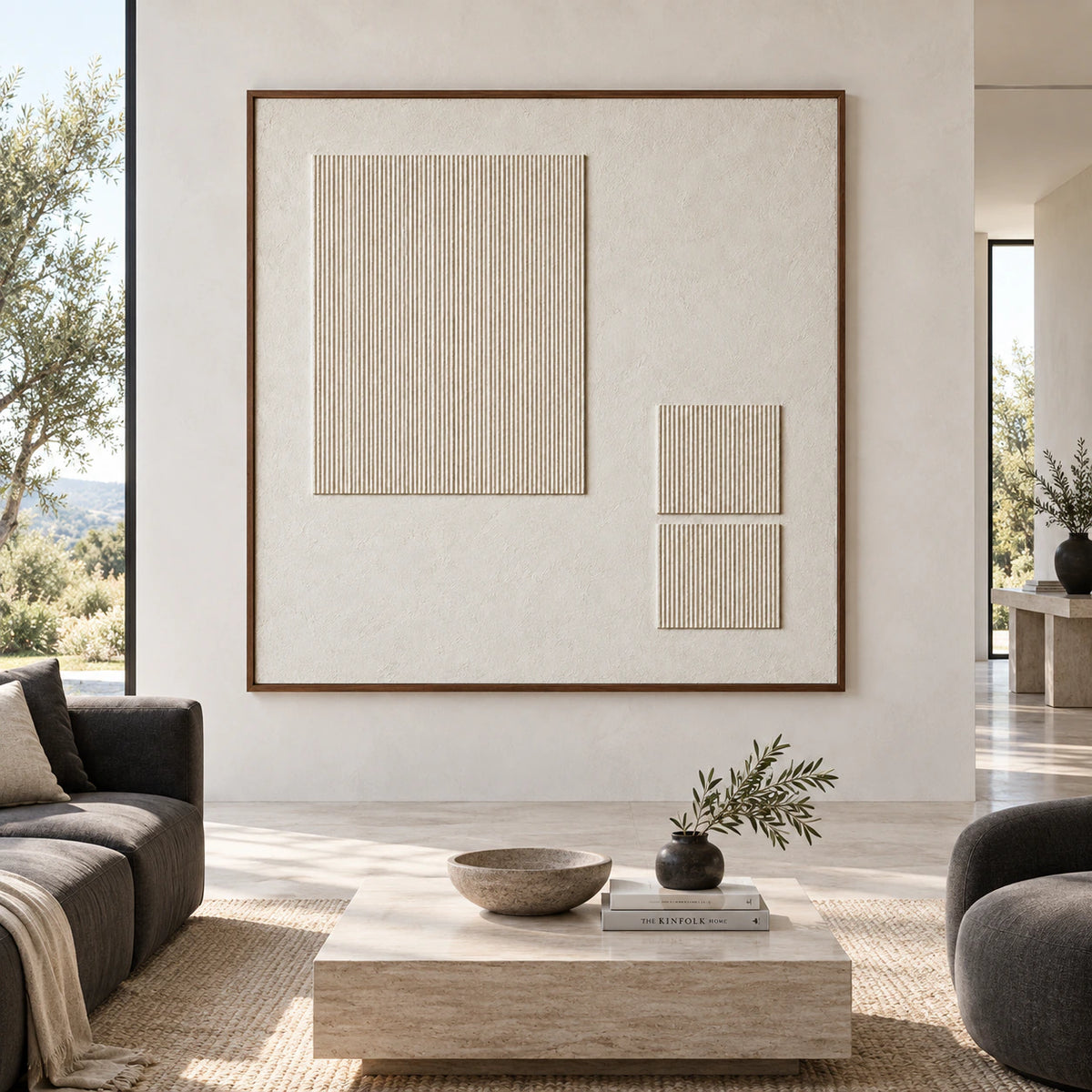 Large straight-on gallery interior featuring the square ivory vertical-ridge relief artwork.