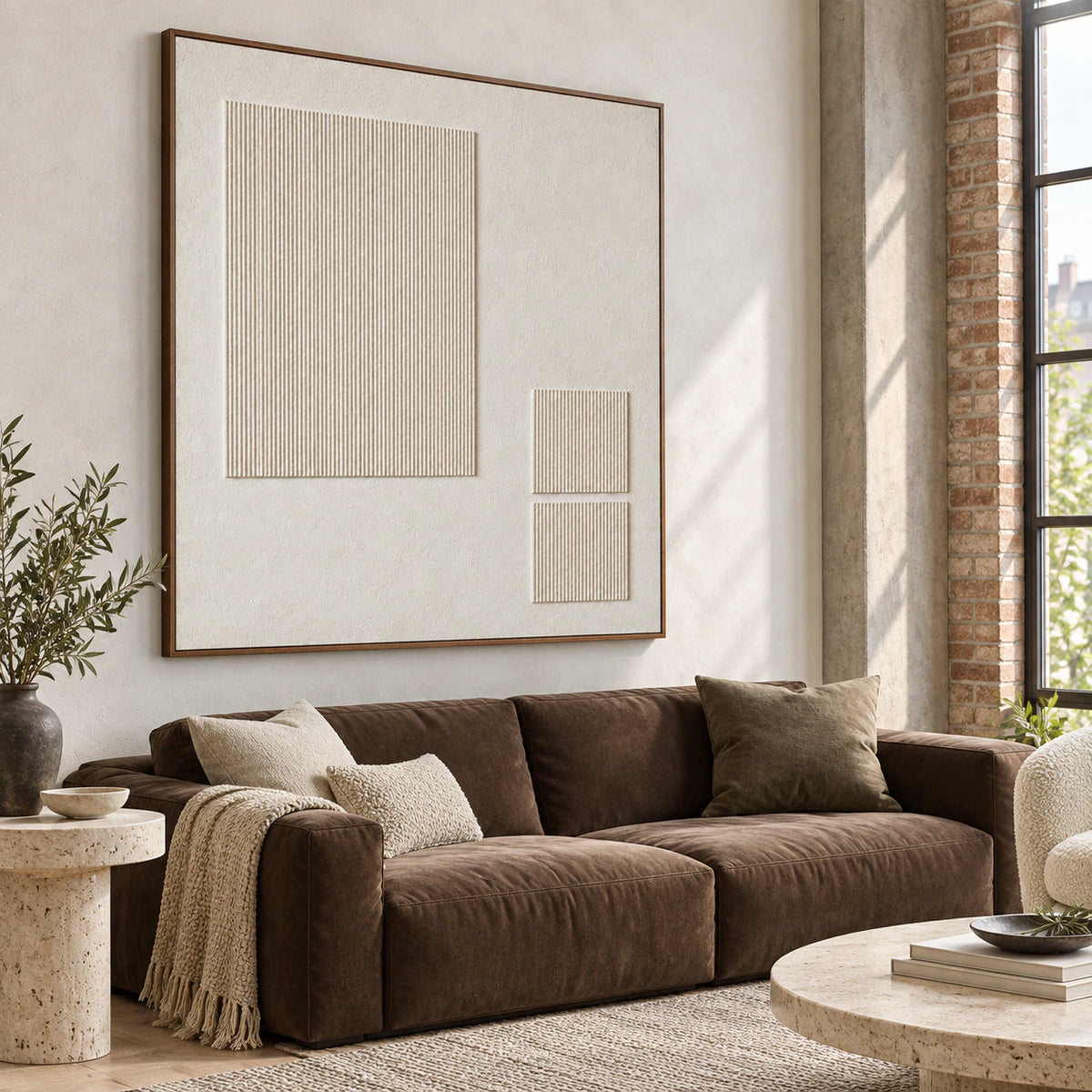 Bright living room centered on the square ivory vertical-ridge relief artwork.