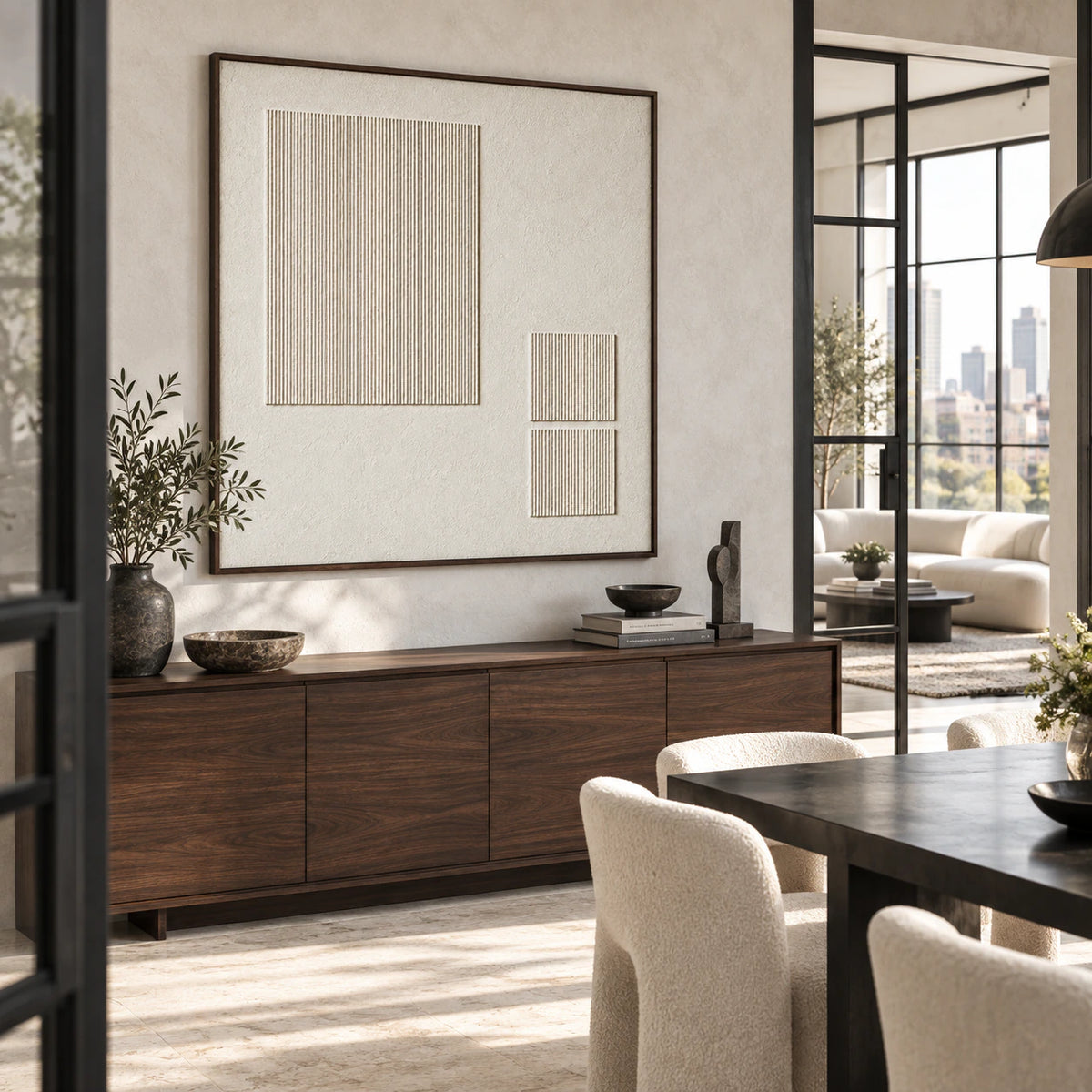 Refined dining room featuring the square ivory ridged relief as the focal point.