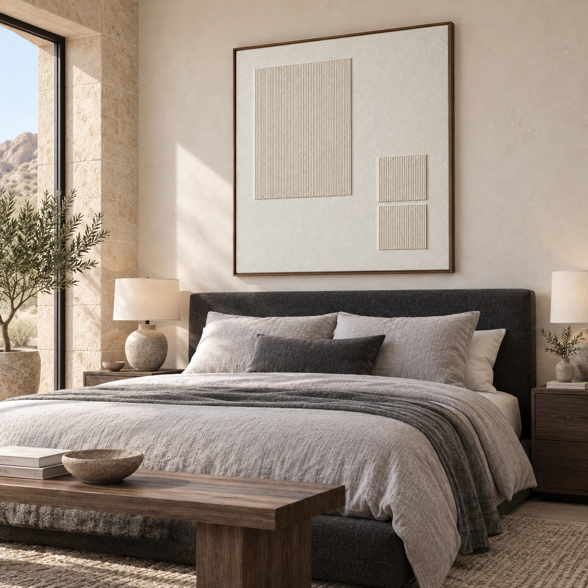 Quiet bedroom with the square ivory vertical-ridge relief above the bed.
