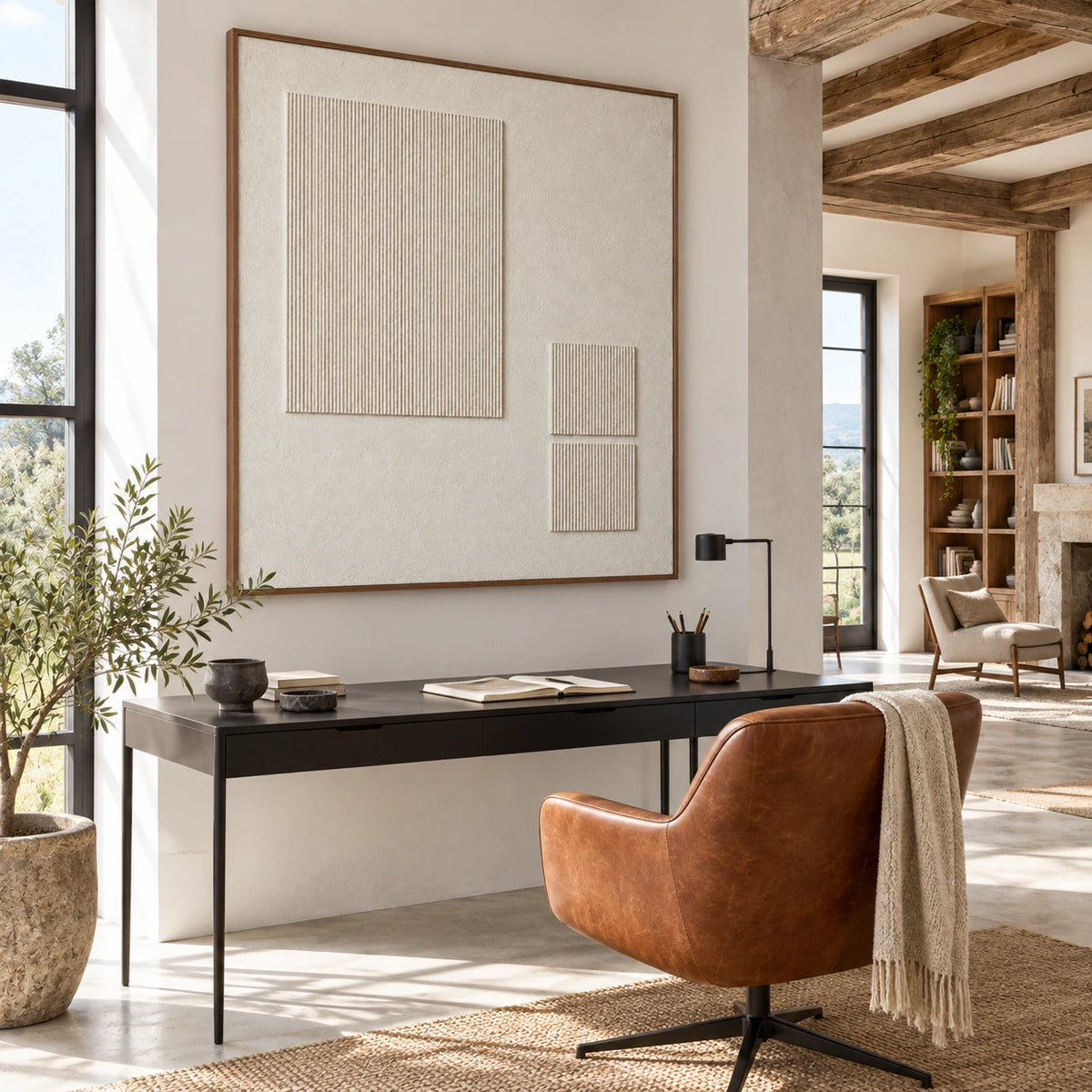 Airy reading office centered on the square ivory ridged relief artwork.