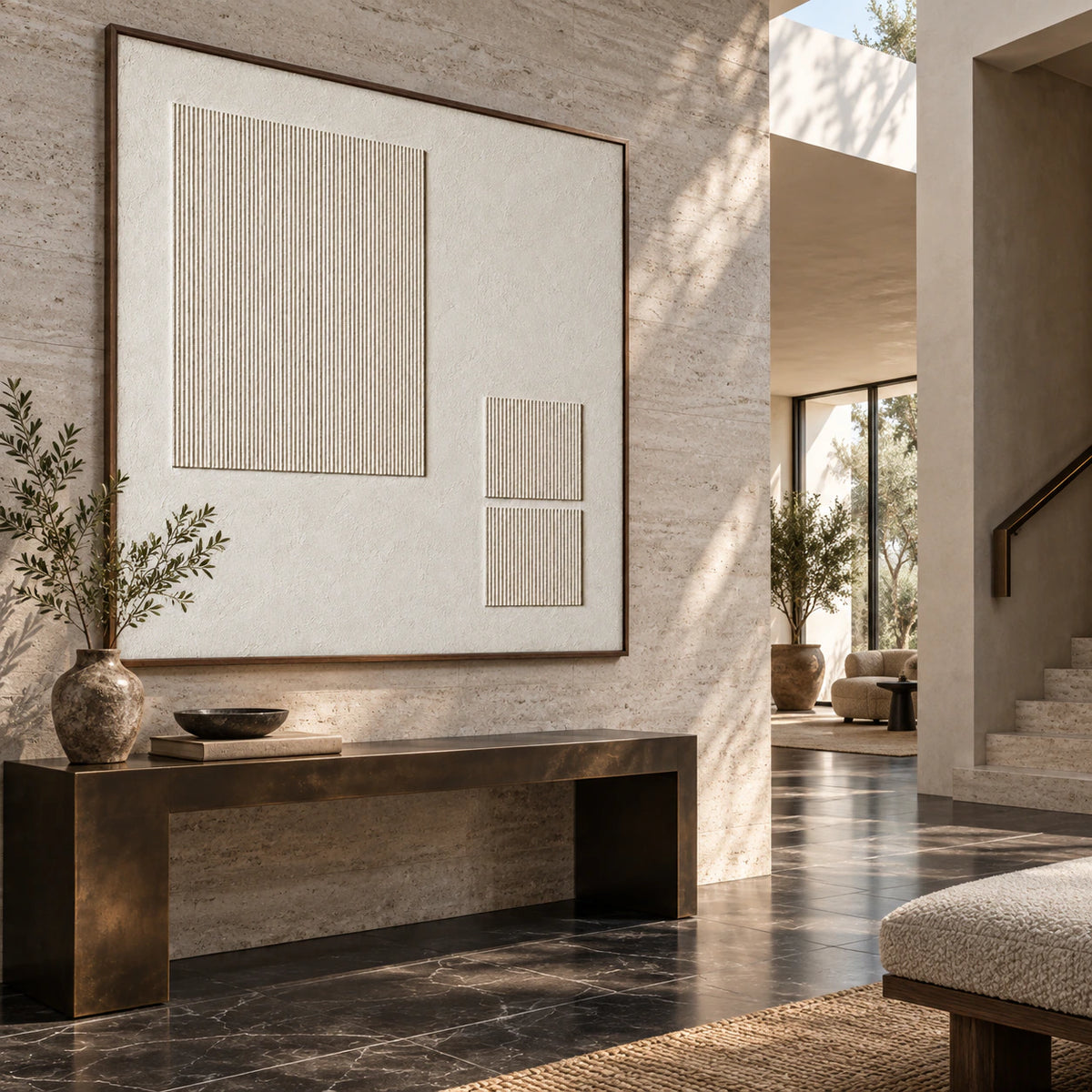Gallery-scale foyer featuring the square ivory vertical-ridge relief.