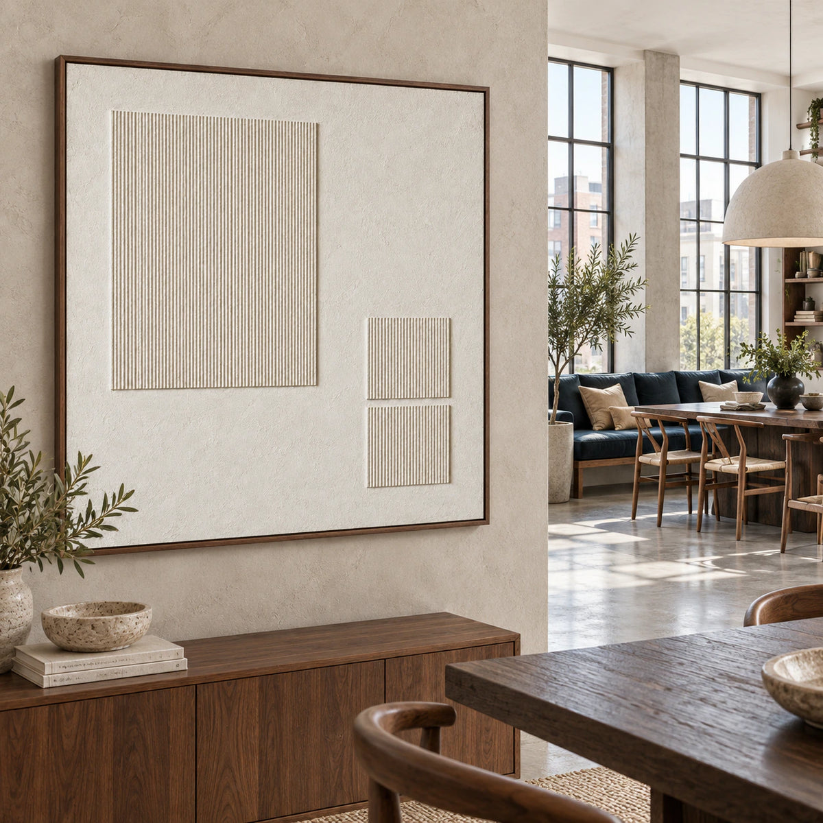 Expansive loft interior with the square ivory ridged relief as the focal artwork.