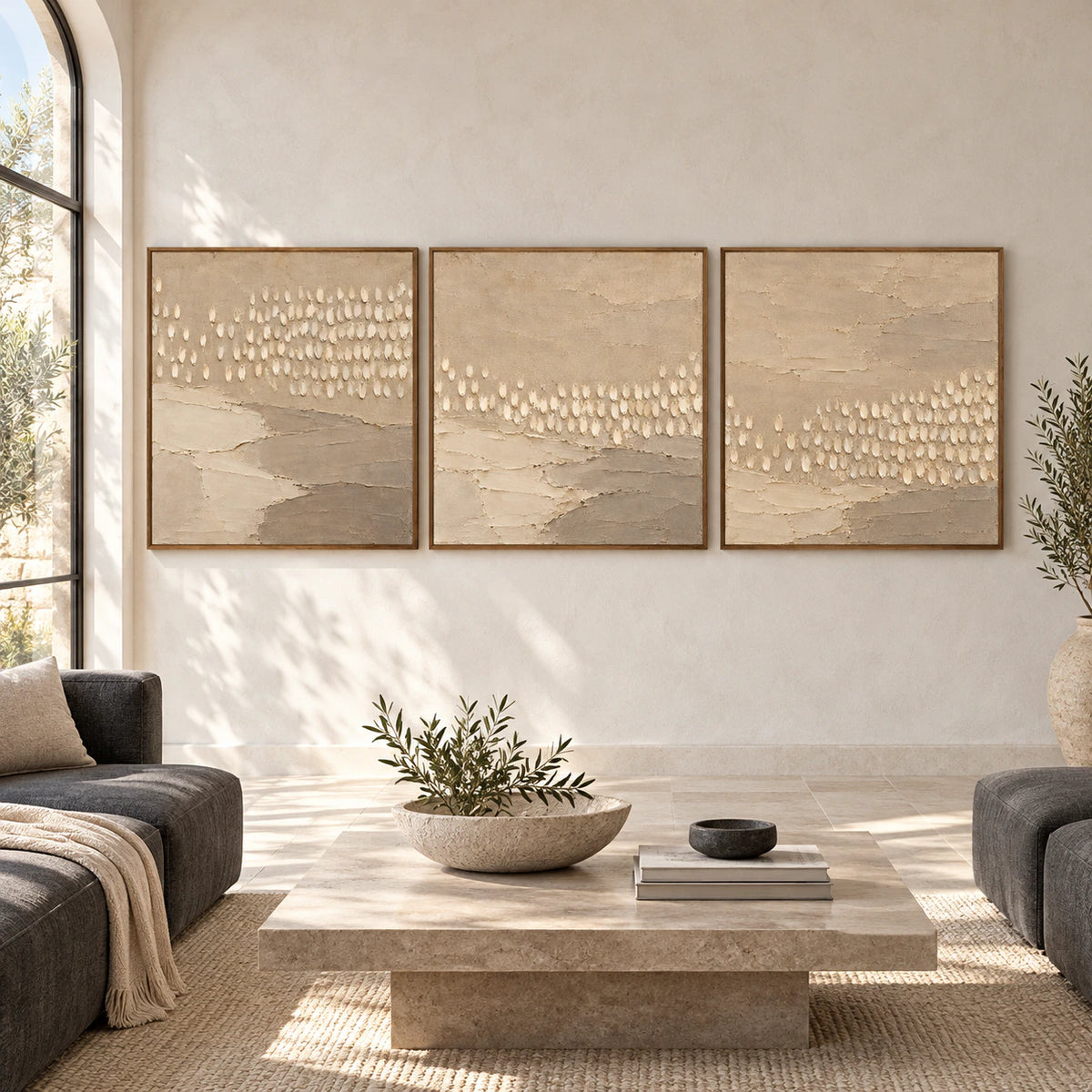 Linen-Drift triptych displayed at large scale on a gallery wall in a spacious daylight interior.