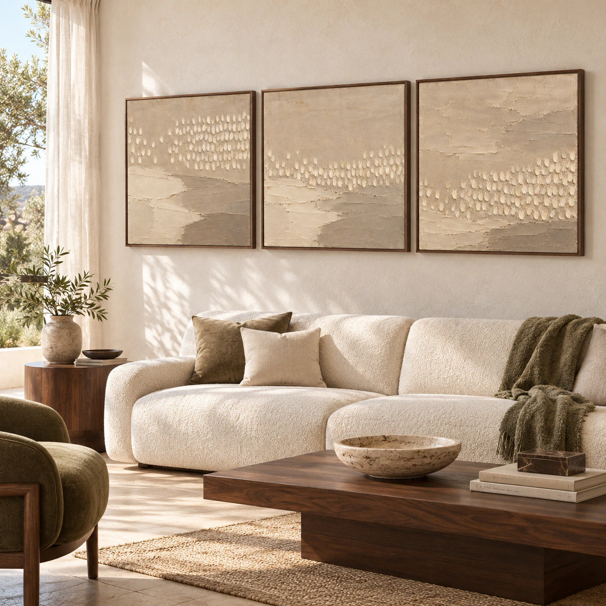 Linen-Drift set of three above a sculptural sofa in a bright living room.