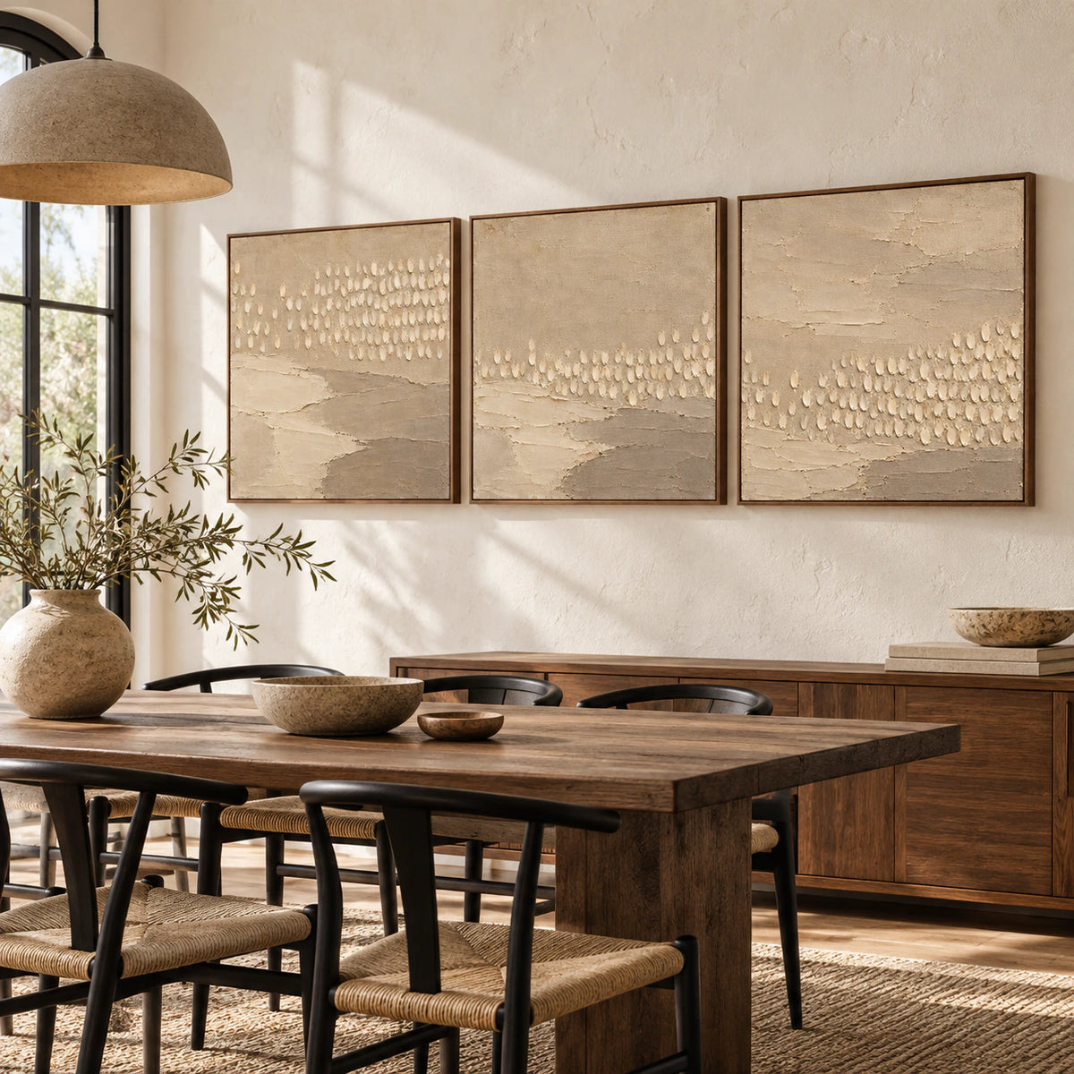 Linen-Drift triptych above a refined dining table in a daylight-filled dining room.