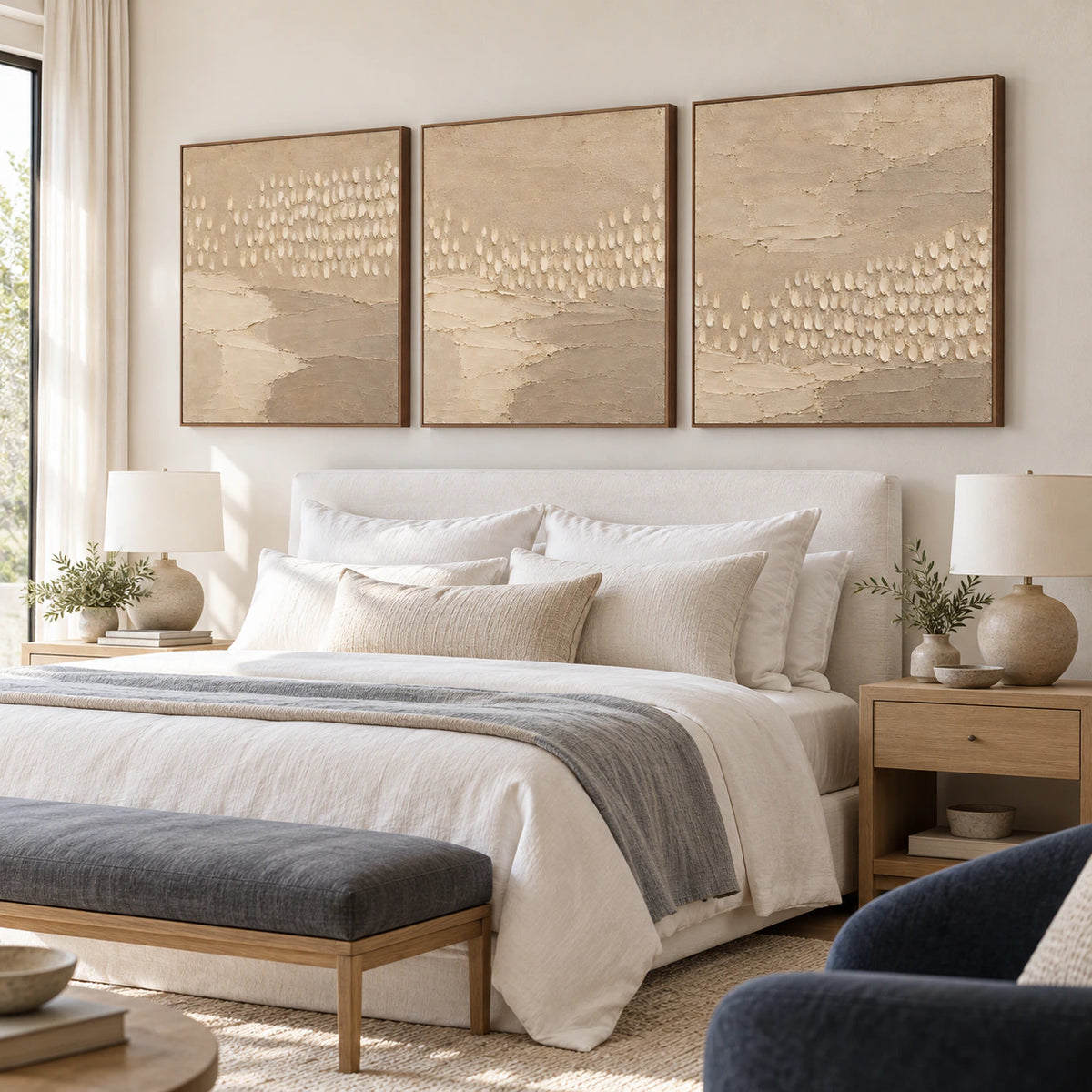 Linen-Drift set of three in a quiet, softly lit bedroom.