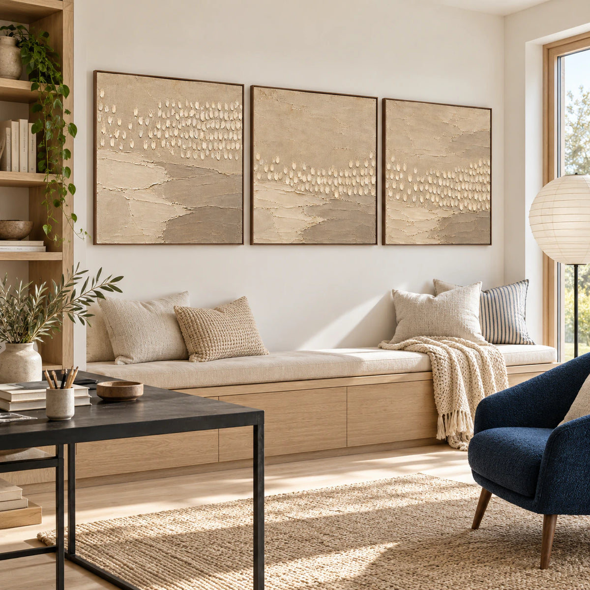 Linen-Drift triptych in an airy home office reading space.