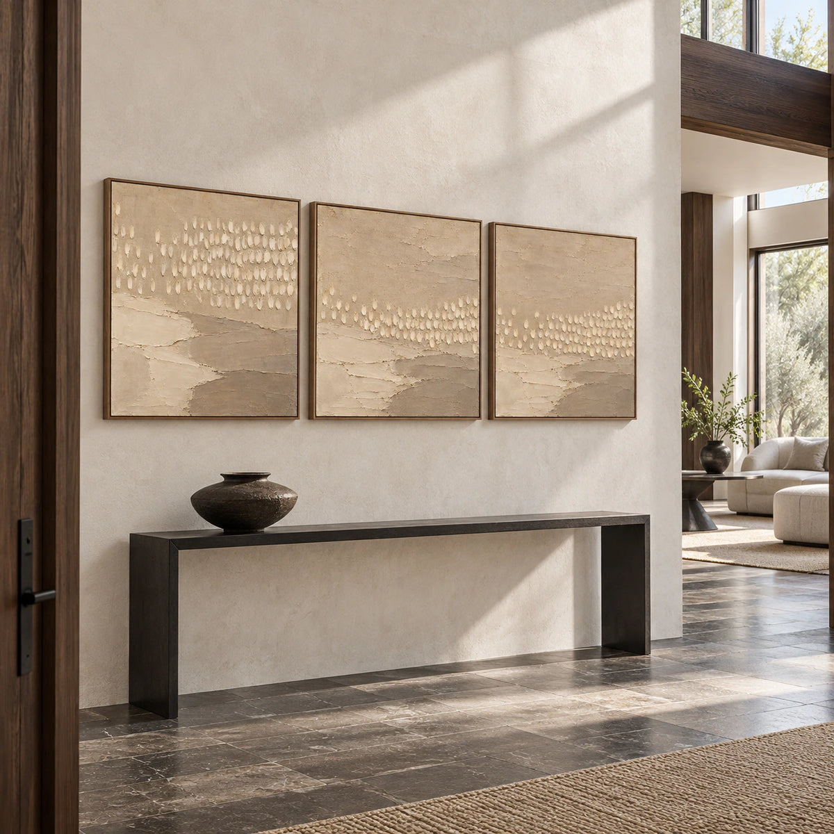 Linen-Drift three-canvas set at gallery scale in an open foyer.