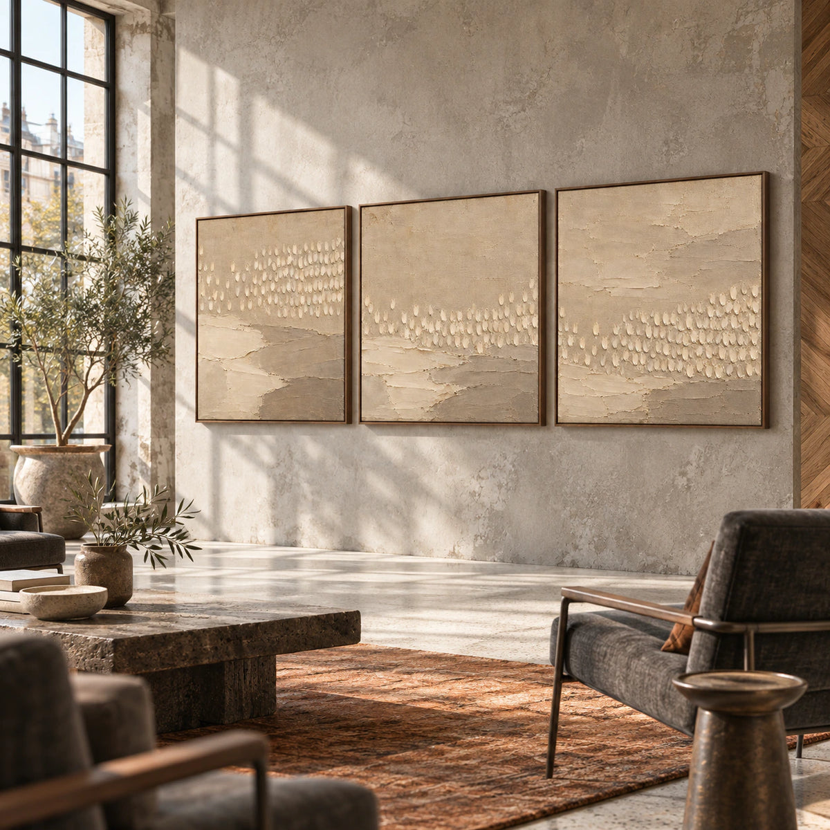 Linen-Drift triptych as the focal point of an expansive loft hospitality interior.