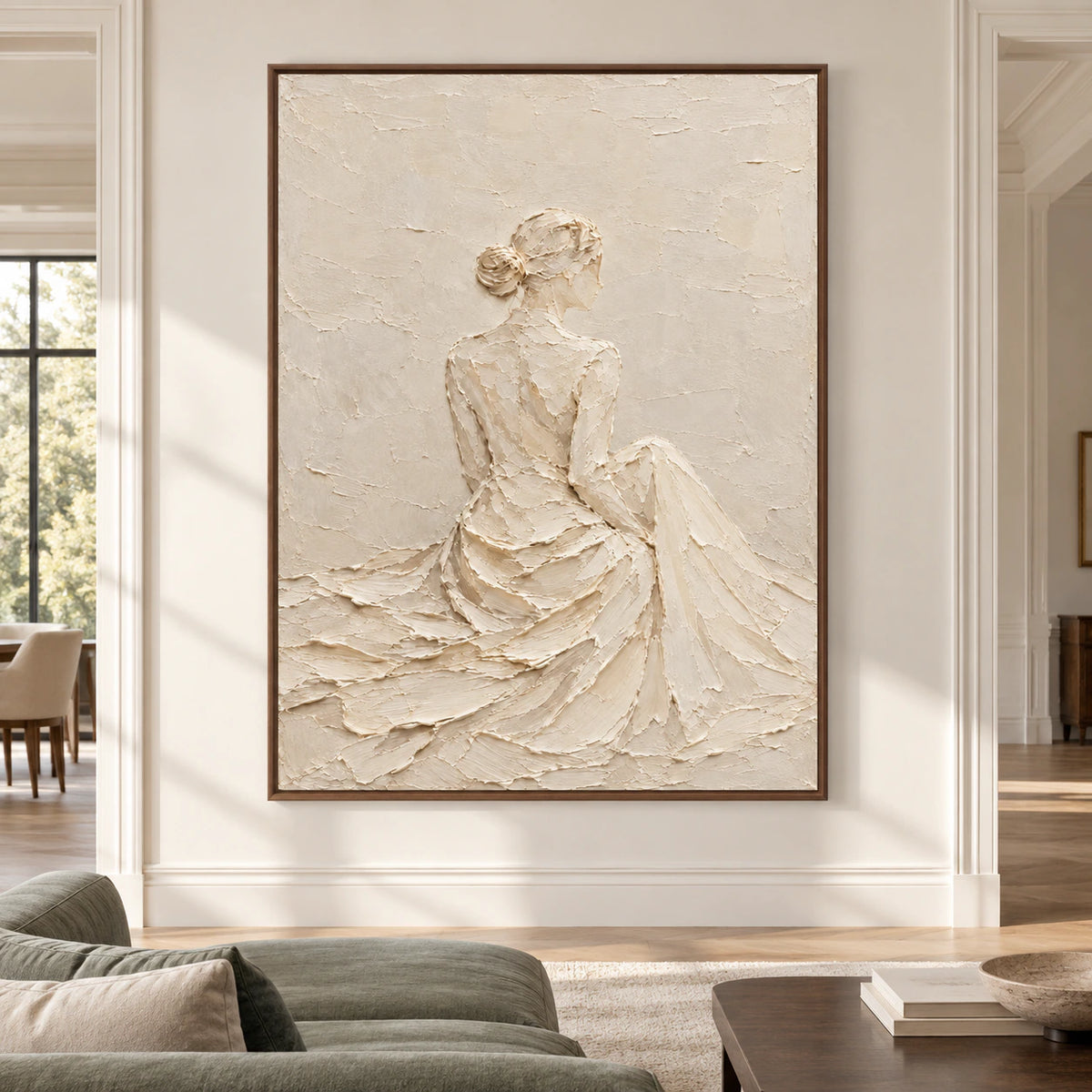 Large vertical ivory and beige figure painting viewed straight on against a generous wall in a spacious room filled with natural daylight.