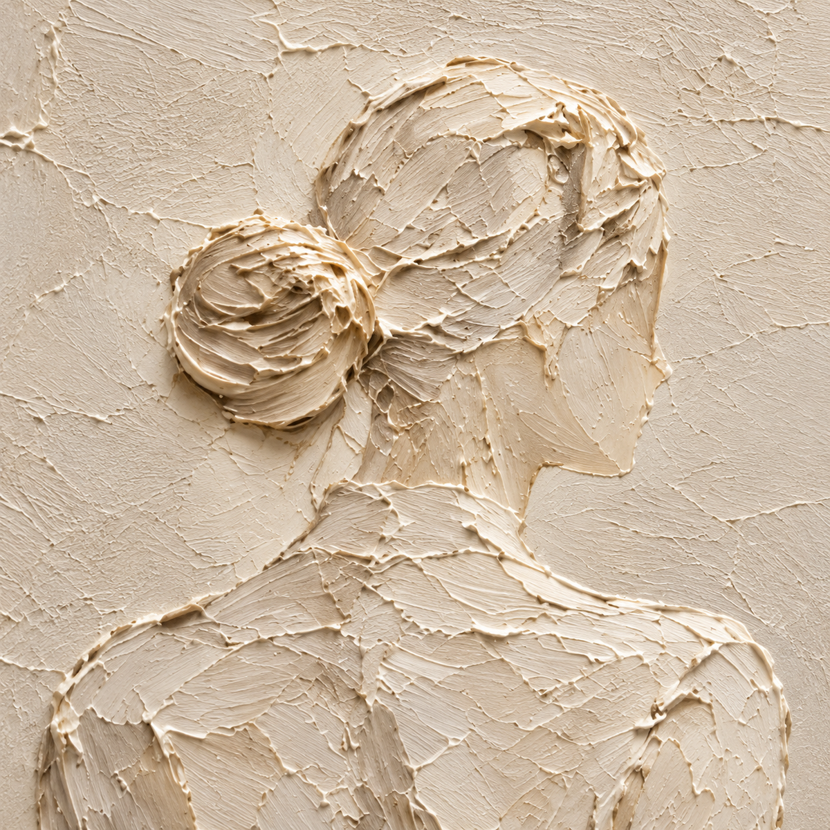 Oblique close-up of the ivory and beige oil painting, with grazing light revealing raised paint ridges and layered brushwork.