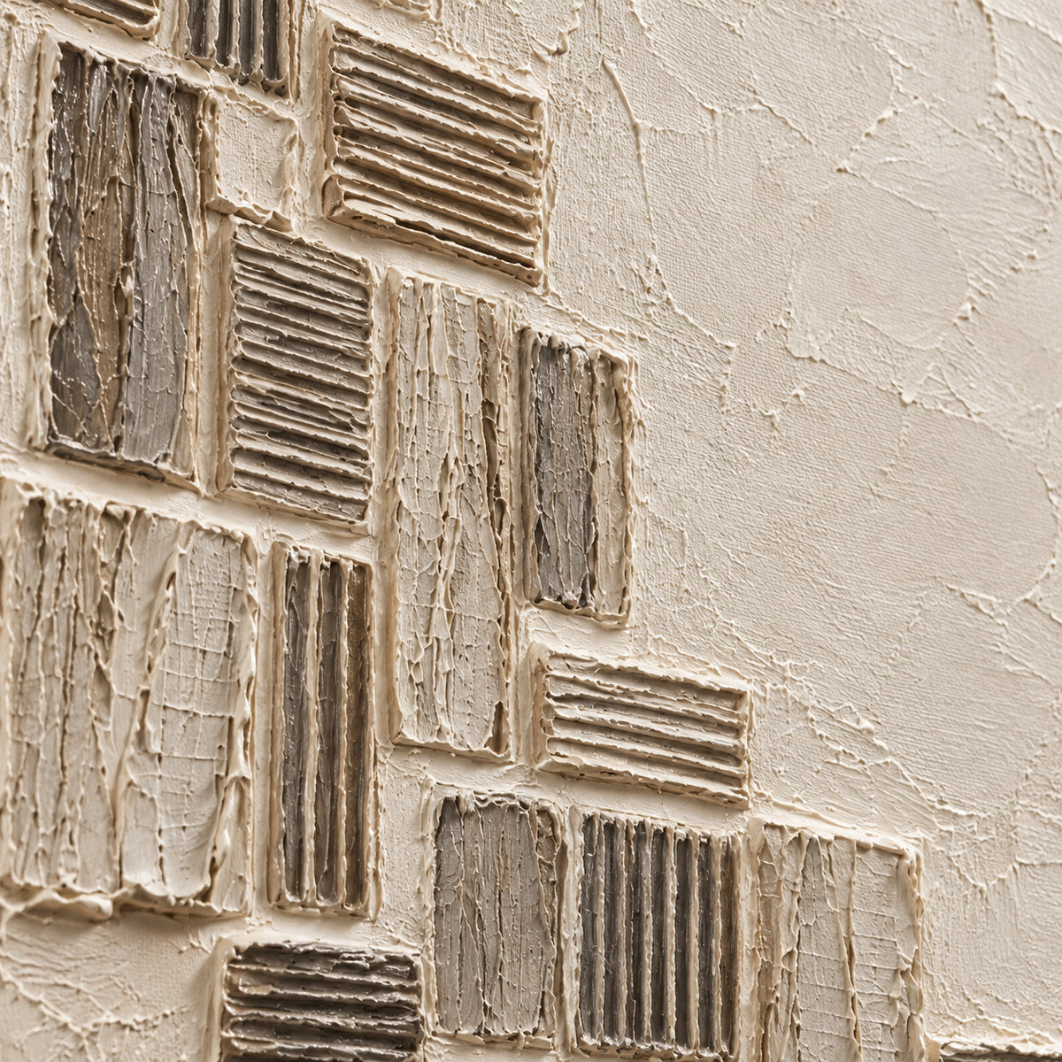 Linen-Intervals oil painting brushwork and impasto detail photographed from an oblique side angle